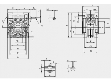 Dimensiones externas de motorreductores de tornillo sin fin serie RV