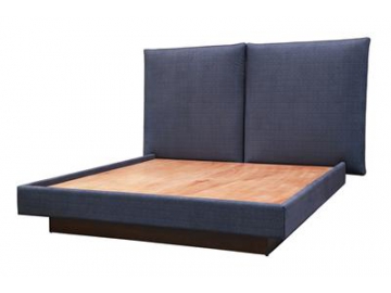 Cama queen size de madera de roble con cabecera tapizada