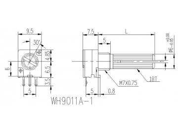 Potenciómetro rotatorio 9mm de eje metal, WH9011A