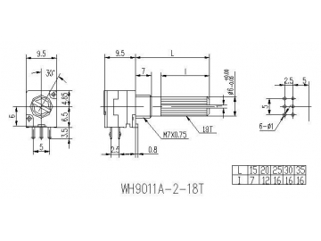 Potenciómetro rotatorio 9mm de eje metal, WH9011A-2-18T