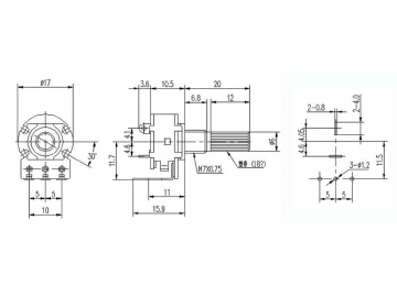 Potenciómetro con switch 16mm de eje metal, 500 ohm, WH148-K4-4