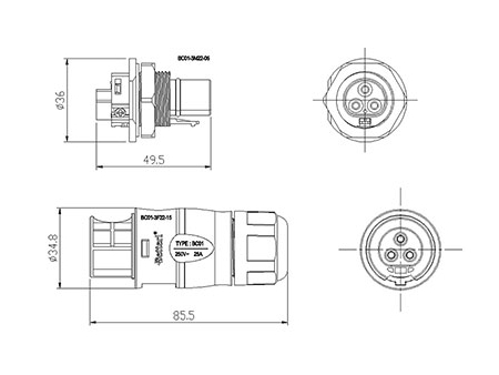 Conector MC4 circular BC01 (3-pin); Conectores Solares; Conectores Fotovoltaicos; Conectores para Paneles Solares