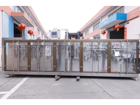 Envasadora horizontal de bolsas stand up con zipper, llenado con 2 boquillas