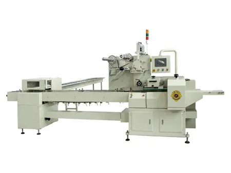 Envasadora horizontal flow pack SF-N sin bandeja para galletas en posición vertical